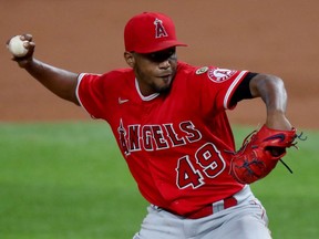 Julio Teheran of the Los Angeles Angels pitches against the Texas Rangers in the bottom of the first inning at Globe Life Field on September 09, 2020 in Arlington, Texas.