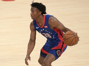 Saben Lee of the Detroit Pistons dribbles during a 135-129 Los Angeles Lakers win at Staples Center on February 06, 2021 in Los Angeles, California.