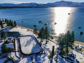 In an aerial view from a drone, the Boston Bruins and the Philadelphia Flyers warm-up prior to the 'NHL Outdoors At Lake Tahoe' at the Edgewood Tahoe Resort on February 21, 2021 in Stateline, Nevada.