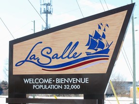 Town of LaSalle welcome sign is seen on Ojibway Parkway at Morton Drive Tuesday, Feb. 23, 2021.