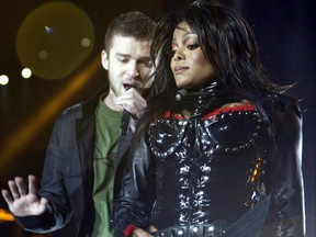 Singers Janet Jackson and Justin Timberlake perform during the half-time show of Super Bowl XXXVIII at Reliant Stadium Feb. 1, 2004 in Houston, Texas.
