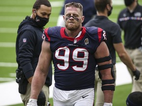 Houston Texans defensive end J.J. Watt (99) reacts after a play against the Minnesota Vikings at NRG Stadium.