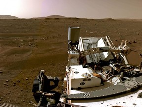 A portion of a panorama made up of individual images taken by the Navigation Cameras, or Navcams, aboard NASA's Perseverance Mars rover shows the landscape on Mars, Feb. 20, 2021.