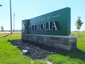 The Town of Petrolia sign that welcomes visitors to the Lambton County town.