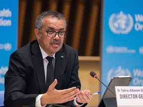 World Health Organization (WHO) Director-General Tedros Adhanom Ghebreyesus delivers remarks during a press conference on February 12, 2021 in Geneva.