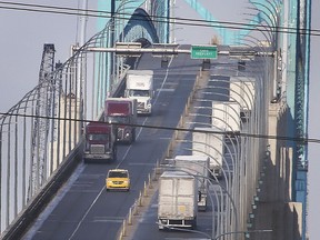 Traffic is shown on the Ambassador Bridge on Tuesday, February 9, 2021, in Windsor, ON.