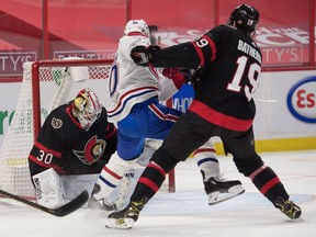 Ottawa Senators goalie Matt Murray makes a save in front of Montreal Canadiens left wing Tomas Tatar in the first period at the Canadian Tire Centre.