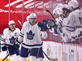 Toronto Maple Leafs center Auston Matthews celebrates his goal against Montreal Canadiens with teammates during the second period at Bell Centre.