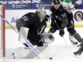 Tampa Bay Lightning goaltender Andrei Vasilevskiy makes a save against the Dallas Stars during the second period at Amalie Arena.