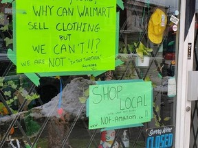 Expo Vintage Clothing on Dundas West, which has only been open for about a year -- pretty much when the pandemic started -- put up a sign this past Monday that reads: “Hey Tory/Ford, why can Walmart sell clothing but we can’t!!!? We are NOT ‘in this together’ anymore.”
