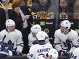 Toronto Maple Leafs coach Mike Babcock points as he talks with his players during a timeout in the third period of the team's NHL hockey game against the Boston Bruins in Boston, Tuesday, Oct. 22, 2019.