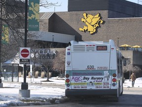 A Transit Windsor bus is shown at the St. Clair College main campus in Windsor, ON. on Tuesday, one day after city council approved a four-month pilot project to run an east-west express route from Tecumseh Mall to the college, starting in September.