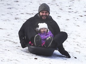 Windsor winter wonderland. Adam Jacobson and his daughter Ivy, 2, slide down the Malden Park hill in Windsor on Tuesday, Feb. 2, 2021. Wednesday will see unseasonably above-freezing temperatures, but the winter — and snow! — returns on Thursday.