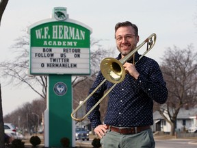 Rob Jubenville, music teacher at W.F. Herman Academy Tuesday, March 9, 2021. Jubenville has used creativity to teach music during the pandemic.