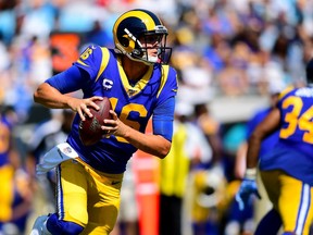 Jared Goff of the Los Angeles Rams with the ball in the second half during his game against the Carolina Panthers at Bank of America Stadium on September 08, 2019 in Charlotte, North Carolina.