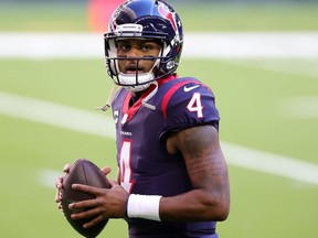 Deshaun Watson #4 of the Houston Texans participates in warmups prior to a game against the Tennessee Titans at NRG Stadium on January 03, 2021 in Houston, Texas.