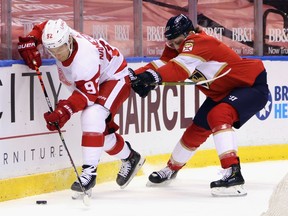 Riley Stillman of the Florida Panthers checks Vladislav Namestnikov of the Detroit Red Wings during the first period at the BB&T Center on March 30, 2021 in Sunrise, Florida.