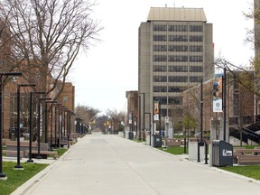 The empty pedestrian promenade at University of Windsor's main campus is shown April 22, 2020. Plans are now underway to begin the post-pandemic repopulation of the campus.
