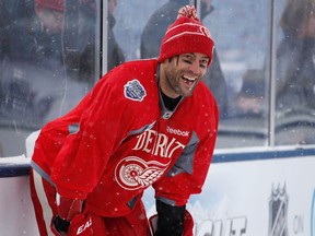 Todd Bertuzzi of the Detroit Red Wings looks on at practice during 2014 Bridgestone NHL Winter Classic at Michigan Stadium on December 31, 2013 in Ann Arbor, Michigan.