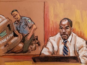 Witness Donald Williams testifies during the trial of former Minneapolis police officer Derek Chauvin for second-degree murder, third-degree murder and second-degree manslaughter in the death of George Floyd in Minneapolis, Minn., March 29, 2021 in this courtroom sketch from a video feed of the proceedings.