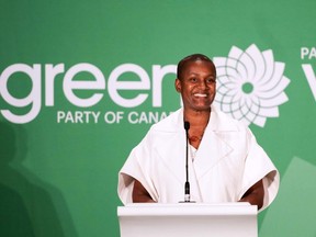 Green Party federal leader Annamie Paul delivering her victory speech after being elected the new leader of the party in Ottawa on October 3, 2020.