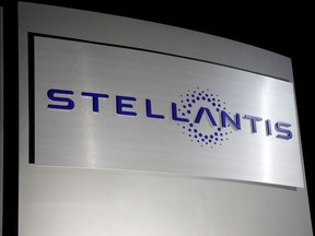 (FILES) In this file photo taken on January 19, 2021 shows the sign Stellantis is seen outside of the FCA US LLC Headquarters and Technology Center as it is changed to Stellantis in Auburn Hills, Michigan.