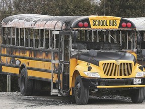 Burned out buses at a compound at 12 Seacliff Drive East in Leamington are shown on Thursday. OPP say the fire was intentionally set and a total of six buses were damaged.