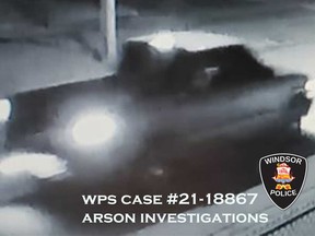 A surveillance camera image of a suspect vehicle - believed to be a two-door pickup truck with a missing tailgate - involved in a deliberate fire in the 900 block of Bridge Ave. on March 7, 2021.