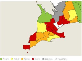 A map on Covid-19.Ontario.ca showing various colour zones of regions across the province. Windsor-Essex is in "red" status.