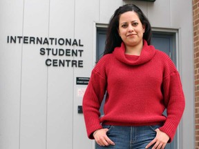 Emily Espinoza Lewis, a University of Windsor graduate student from Lima, Peru, on campus on March 1, 2021.