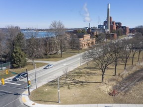 Bird's-eye view of the location of the Hiram Walker Parkette at the south-east corner of Riverside Drive East and Devonshire Road is shown on Tuesday, March 2, 2021.
