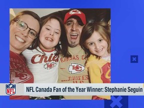 Stephanie Seguin and her family in an image from a NFL Network broadcast in March 2021.