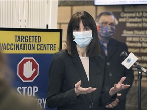 Theresa Marentette, CEO and chief nursing officer with the Windsor-Essex County Health Unit, speaks to media at the vaccination clinic at the WFCU Centre on March 3, 2021.