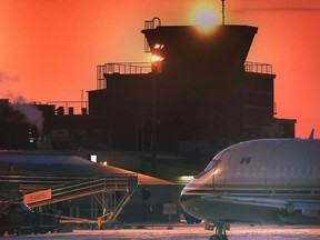 The Windsor International Airport control tower is shown at sunset on Jan. 29, 2021.