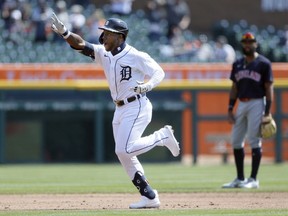 Akil Baddoo of the Detroit Tigers rounds the bases after hitting his first major league home run against the Cleveland Indians at Comerica Park on April 4, 2021, in Detroit, Michigan.