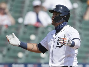 Miguel Cabrera of the Detroit Tigers reacts after being called out on strikes during the third inning of a game against the Minnesota Twins at Comerica Park on April 6, 2021, in Detroit, Michigan.