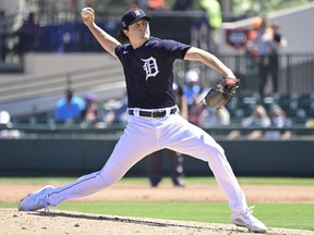 Casey Mize of the Detroit Tigers throws a pitch during the second inning against the Toronto Blue Jays during a spring training game at Publix Field at Joker Marchant Stadium on March 19, 2021 in Lakeland, Florida.