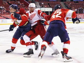 Patrik Nemeth of the Detroit Red Wings attempts to get past Mason Marchment and MacKenzie Weegar of the Florida Panthers during the third period at the BB&T Center on March 30, 2021 in Sunrise, Florida.