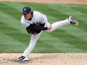 Gerrit Cole of the New York Yankees pitches against the Toronto Blue Jays during Opening Day at Yankee Stadium on April 01, 2021 in New York City.