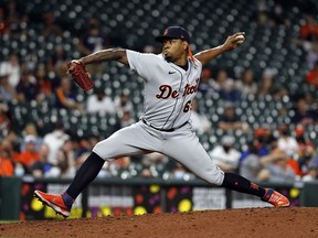 Gregory Soto of the Detroit Tigers pitches the ninth inning against the Houston Astros at Minute Maid Park on April 12, 2021 in Houston, Texas.