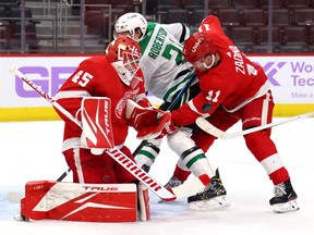 Jonathan Bernier of the Detroit Red Wings makes a save next to Jason Robertson of the Dallas Stars during the third period at Little Caesars Arena on April 24, 2021 in Detroit, Michigan.