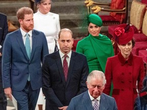Prince Harry, Duke of Sussex (left) and Meghan, Duchess of Sussex (second right) follow Prince William, Duke of Cambridge (centre) and Catherine, Duchess of Cambridge (right) as they depart Westminster Abbey after attending the annual Commonwealth Service in London March 9, 2020.
