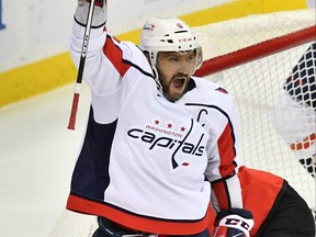 Washington Capitals left wing Alex Ovechkin celebrates after scoring a goal against the New Jersey Devils during the second period at Prudential Center in Newark, N.J., April 4, 2021.