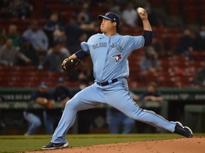 Blue Jays starting pitcher Hyun Jin Ryu delivers during the third inning against the Red Sox at Fenway Park in Boston on Tuesday, April 20, 2021.