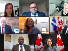 Mary Ng, federal Minister of Small Business, Export Promotion and International Trade, bottom right, participated in a virtual roundtable meeting Friday, April 30, 2021,  afternoon hosted by the newly rebranded Invest WindsorEssex, formerly the WindsorEssex Economic Development Corporation. Pictured clockwise from top left are Wen Toeh, director of the University of Windsor's EPICentre, Workforce WindsorEssex CEO Justin Falconer, WEtech Alliance CEO Yvonne Pilon, MP Irek Kusmierczyk (L. — Windsor-Tecumseh), Ng, Audacia Bioscience CEO Dr. Phillip Olla, Invest WindsorEssex CEO Stephen MacKenzie, and in the middle is Sandra Pupatellos, co-founder of the recently launched Reshoring Canada.