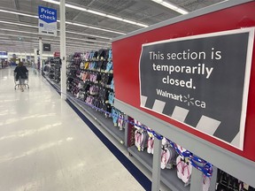 A clothing section at the east Windsor Walmart that has been temporarily closed due to provincial pandemic orders is shown on Thursday, April 8, 2021.