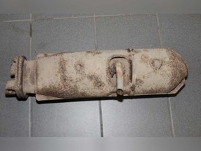 A catalytic converter found by Leamington OPP officers who interrupted a break-in on April 8, 2021.