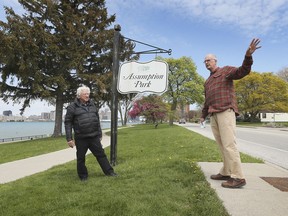 Lawyer Paul Mullins, left, and local businessman Mike Cardinal speak to reporters about the city's proposed Celestial Beacon project on Monday, April 26, 2021, at the Assumption Park in Windsor.