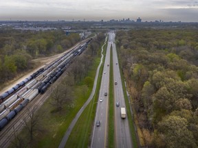 An aerial view of Ojibway Parkway where a proposed wildlife crossing is being considered, on Wednesday, April 28, 2021.