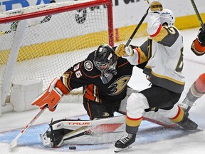 Vegas Golden Knights left wing Max Pacioretty scores a goal past Anaheim Ducks goaltender John Gibson (36) after he got past Anaheim Ducks center Ryan Getzlaf (not pictured) in the first period of the game at Honda Center.